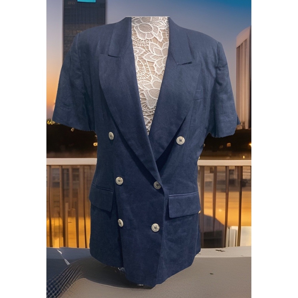 Vintage International Scene 100% Linen Blazer Jacket Women's Size 12 Blue